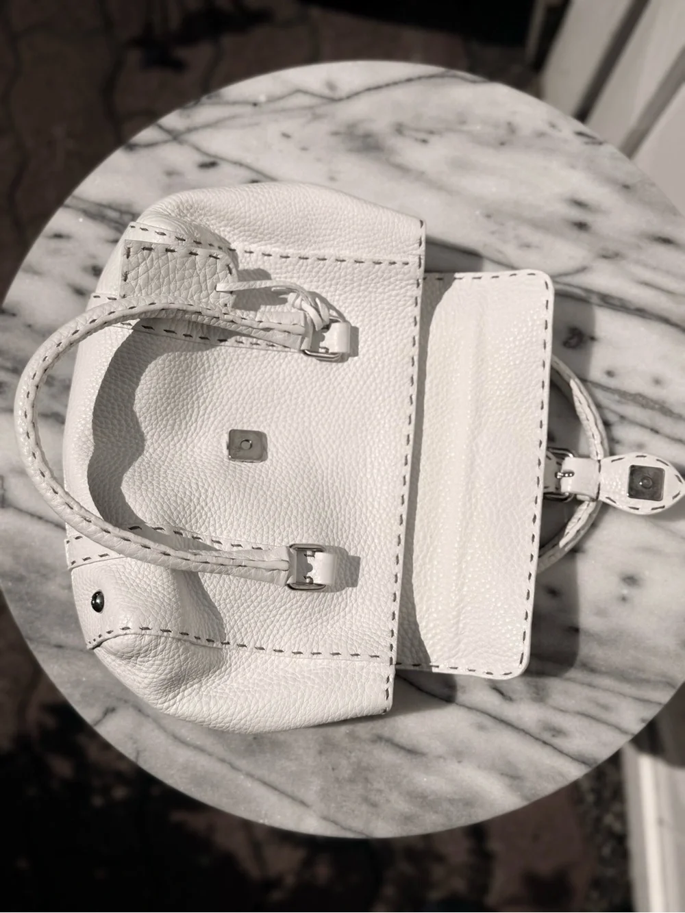 NWT Fendi ‘Selleria Linda’ White Calfskin Leather Bag with Tan Stitching
